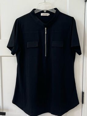 Zip-Front Short Sleeve Top in Black